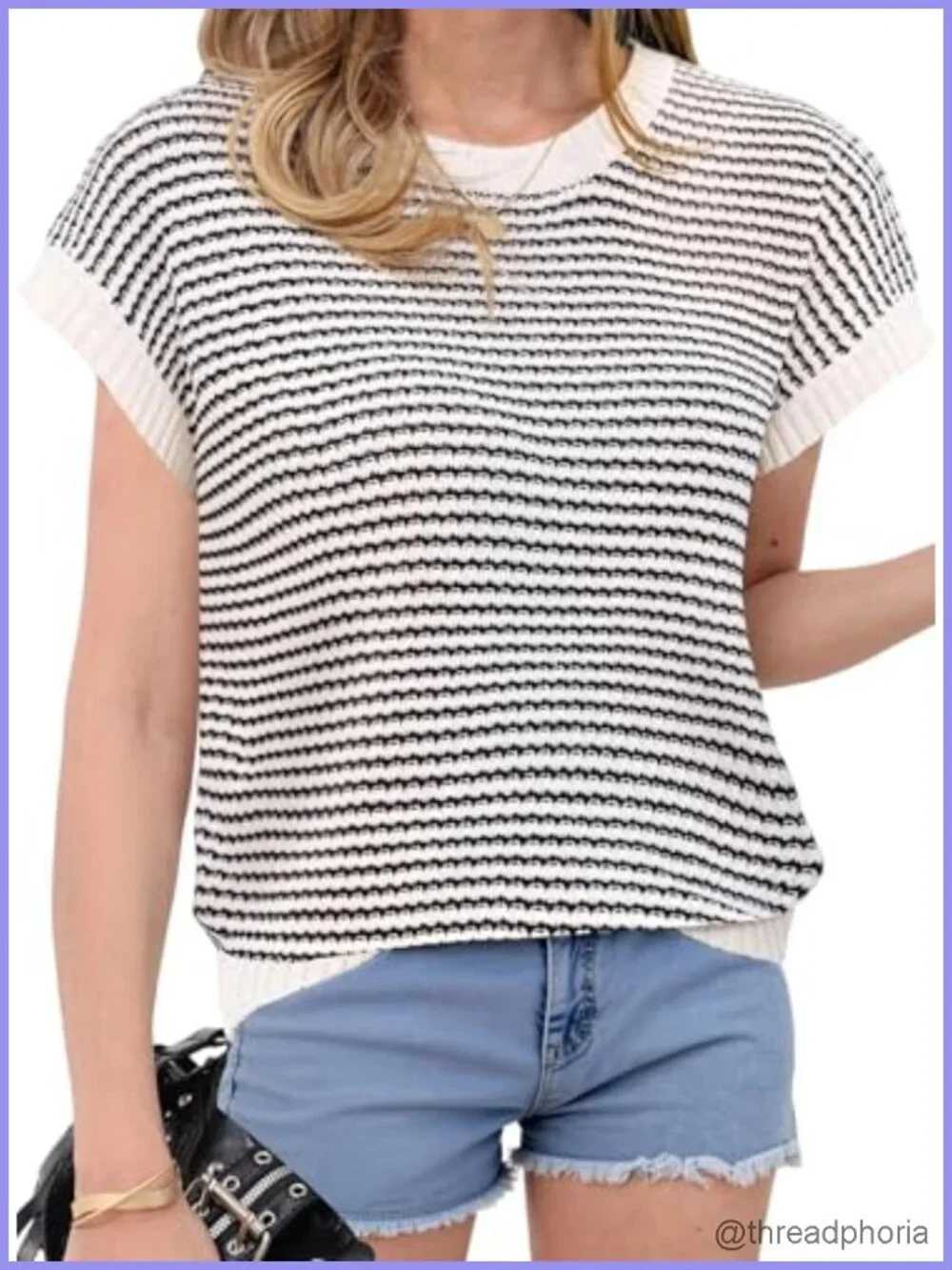 Women's Lightweight Knit Pullover Sweater Vest Crew Neck Short Sleeve Striped
